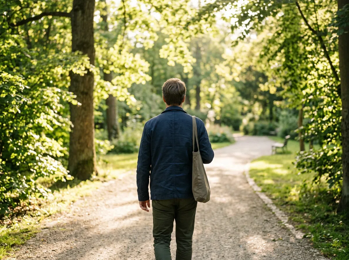 Anonieme man wandelt in een zonnig park, capsules voor actieve leefstijl mannen 50 plus
